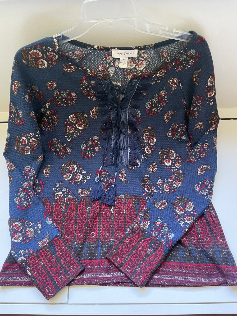 Vintage America Blue Paisley Lace-Up Long Sleeve Top